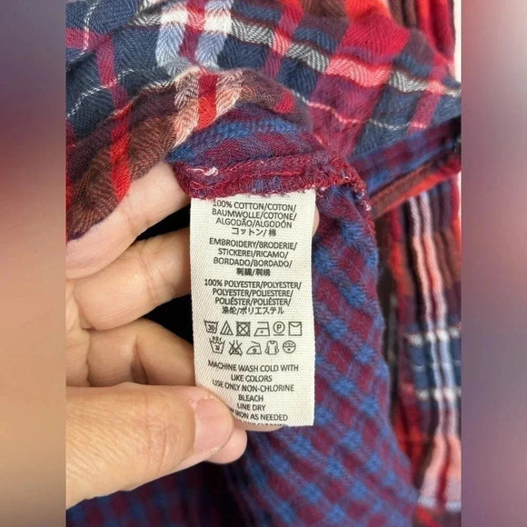 FREE PEOPLE Women’s Red Blue Plaid Embroidered HiLow Button Down Top Shirt Small - Picture 6 of 10